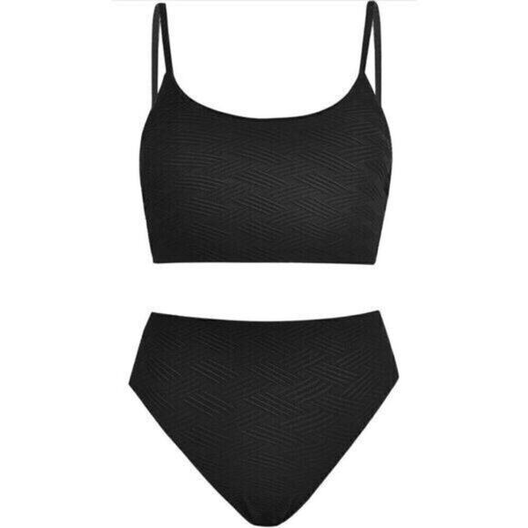 CUPSHE Black Textured Bikini Set Womens Small 2 Piece Scoop Neck High Waist NWT - Picture 5 of 10